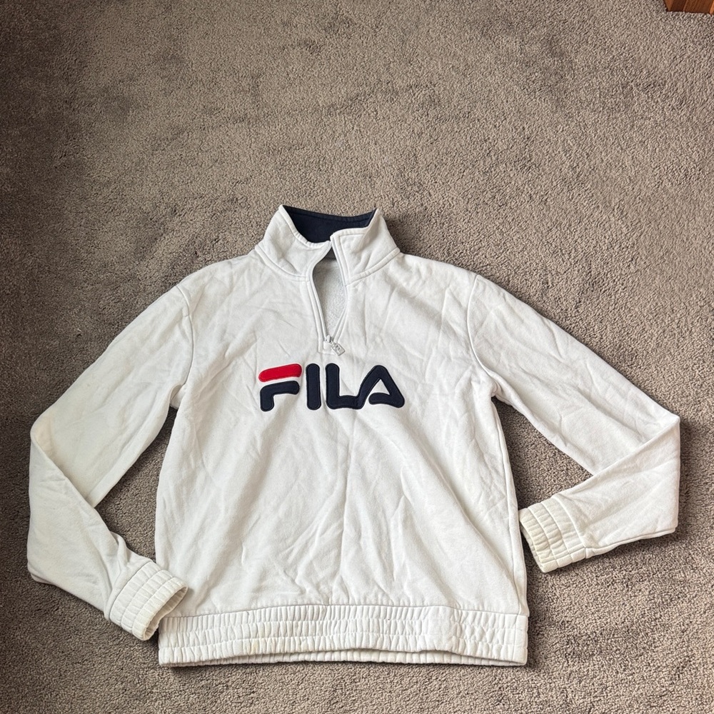 Fila White Quarter Zip Sweatshirt Logo Pullover Long Sleeve SIZE S